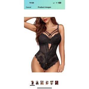 Women Lingerie Floral Lace Harness Lingerie Bodysuit One Piece Sz M black